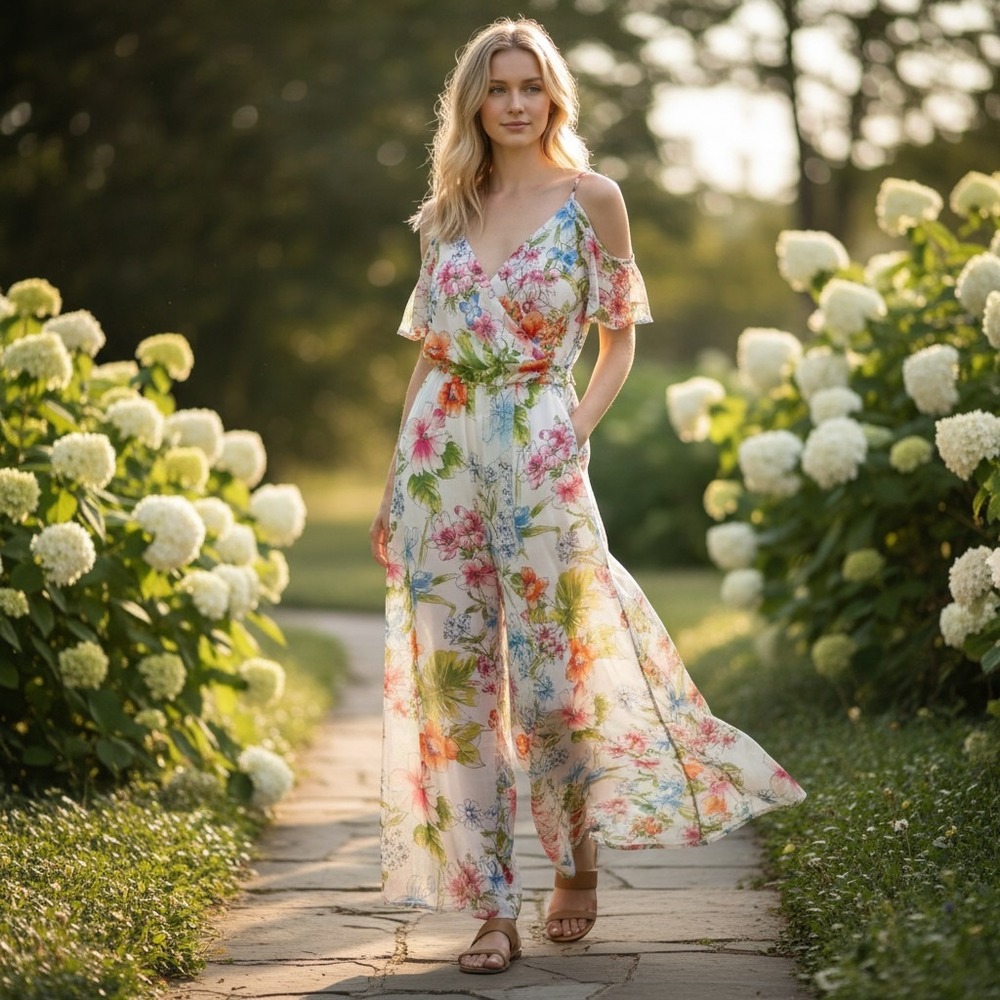 NEW City Studio Womens Lg White Floral Maxi Dress Romantic Coquette Cottage Boho